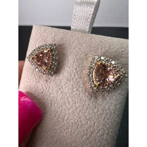 Morganite and zircon trillion halo rose gold over sterling stud earrings